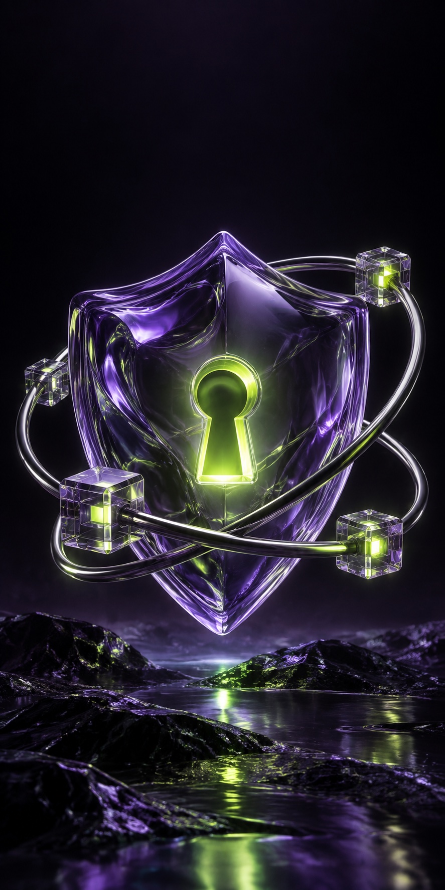 Violet glass encryption shield surrounded by blockchain nodes