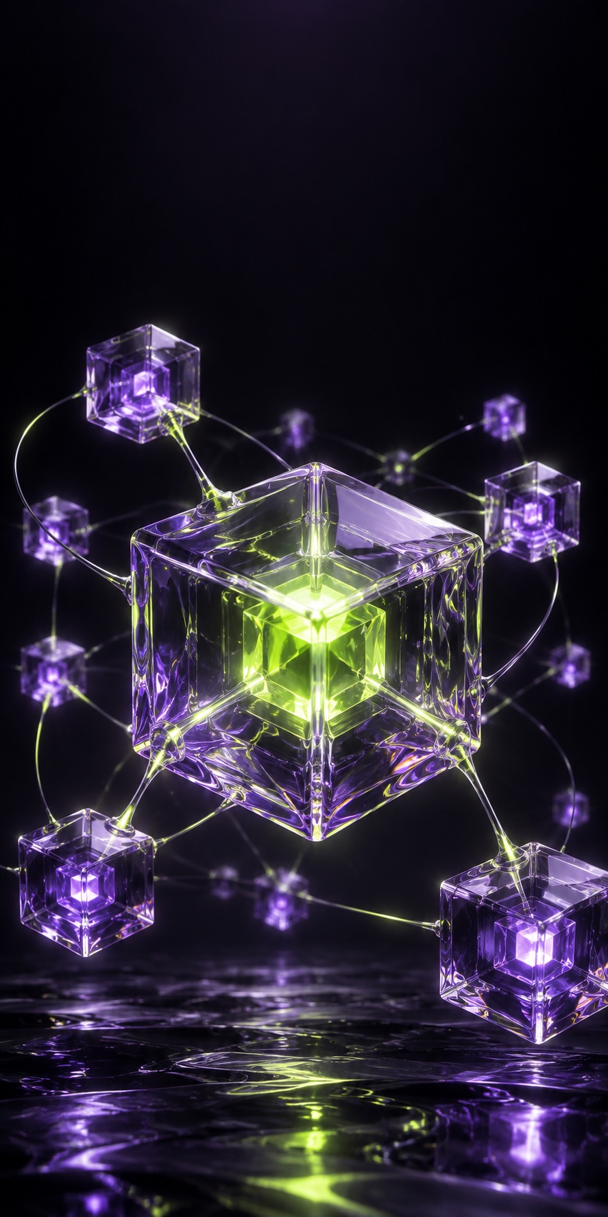 Luminous glass blockchain core connected to decentralized nodes